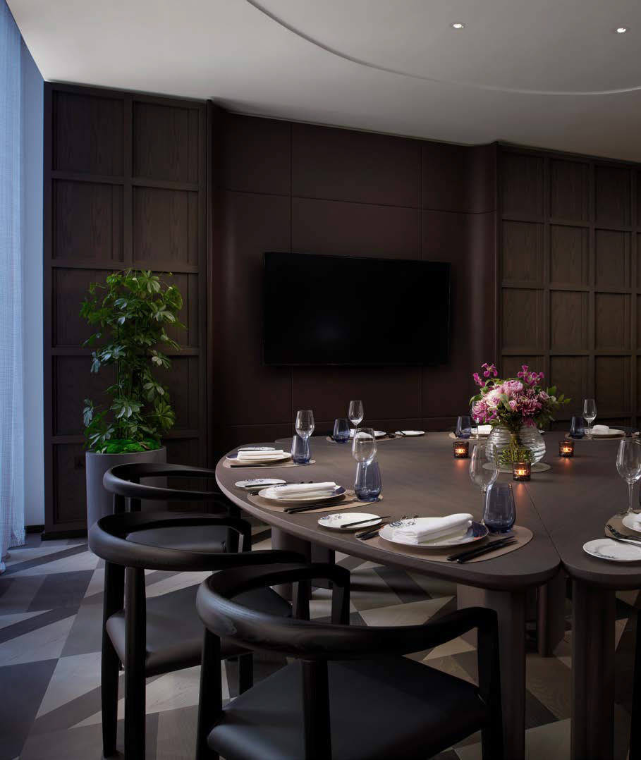 The private dining room set for a gathering