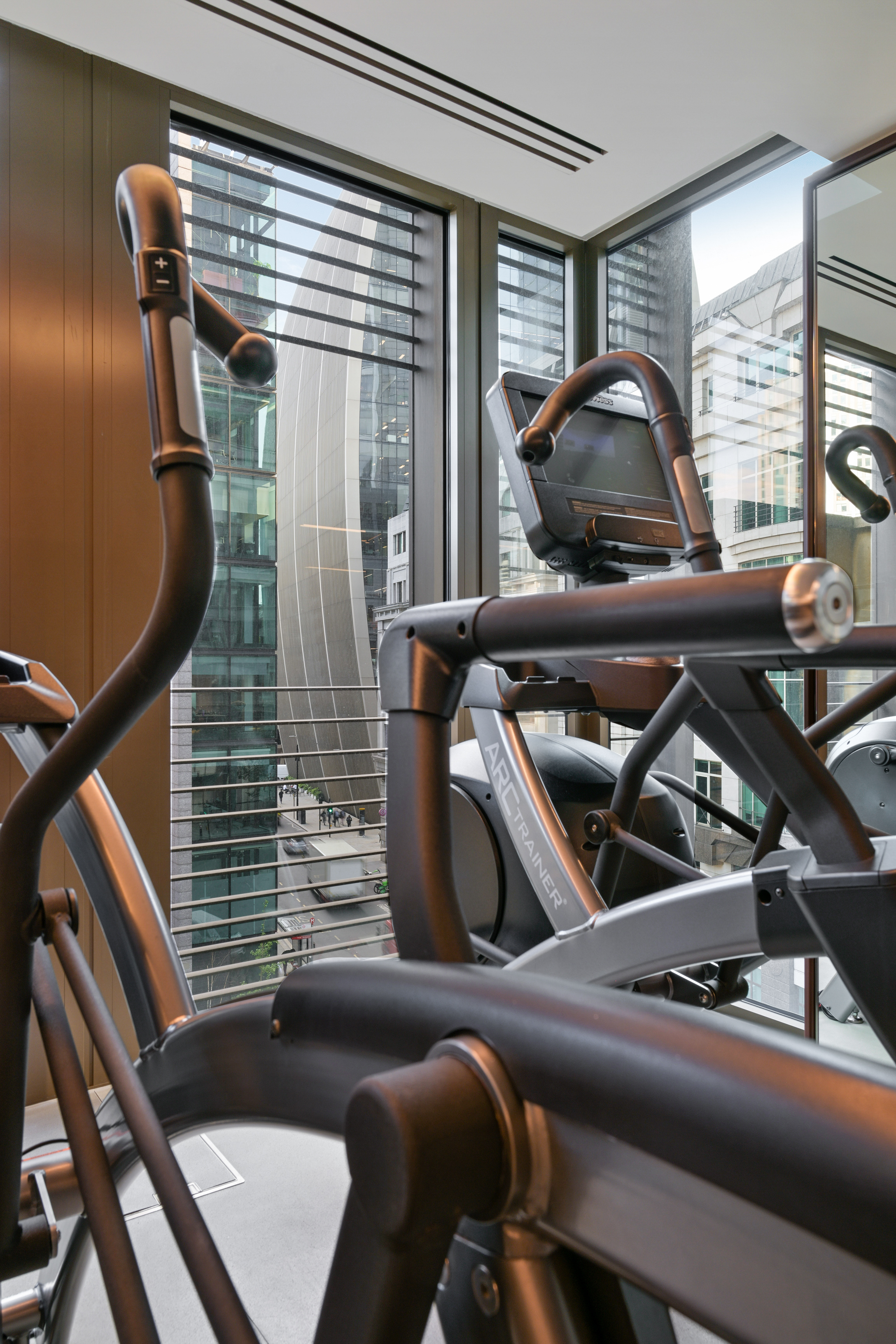 The residents’ gym with cardio machines overlooking the City