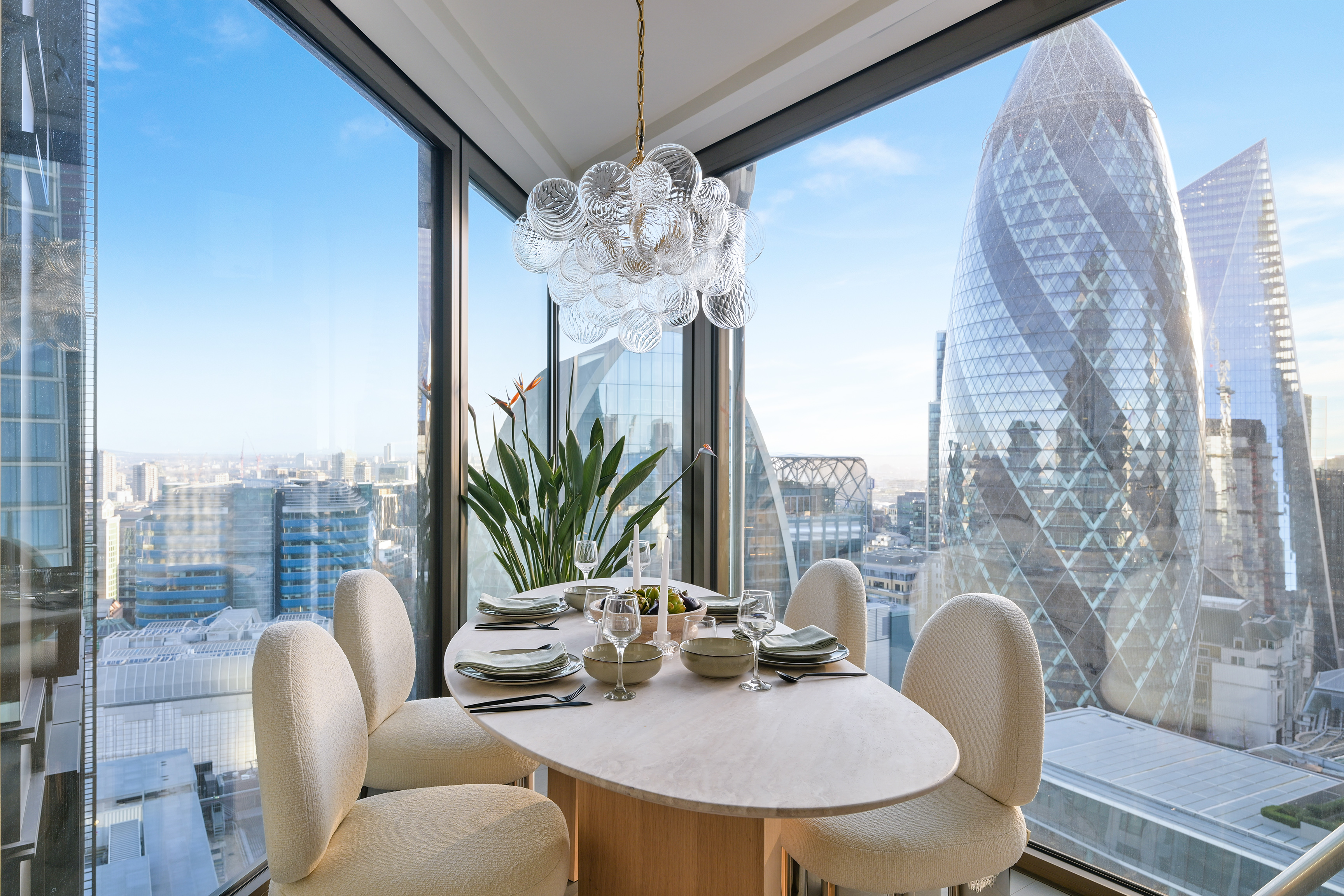 A dining area with views towards The Gherkin